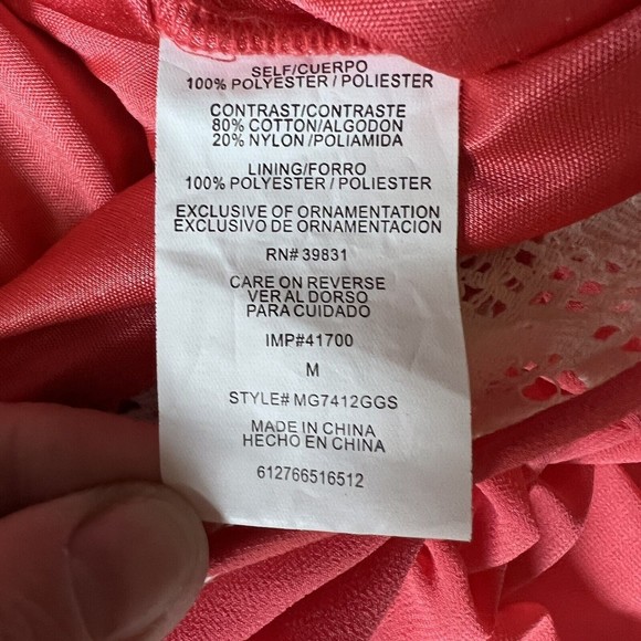 Margo & Sebastian Dress M Medium Coral w/ Ivory Lace V Neck Sleeveless Mini - Picture 10 of 15